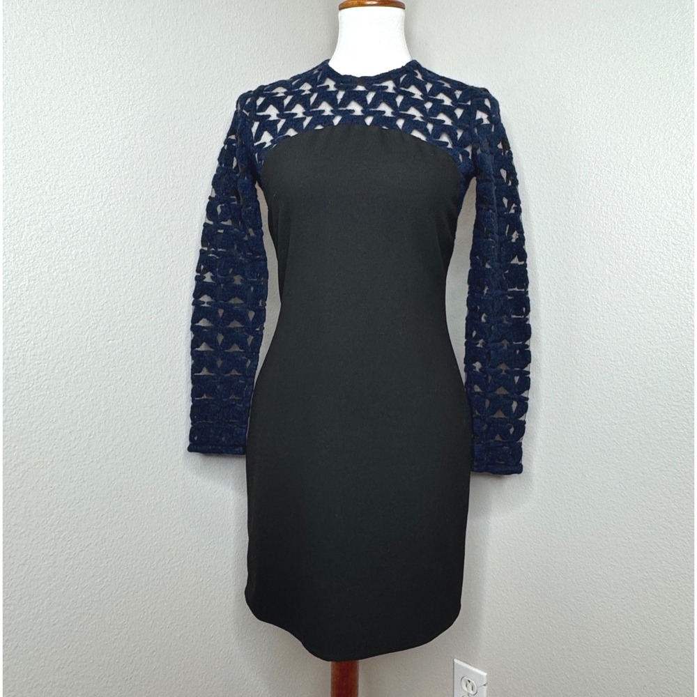 UKE. Bodycon Dress Sz 6 Spain Lace Mesh Top Ponte Knit Bottom Navy Black Chic